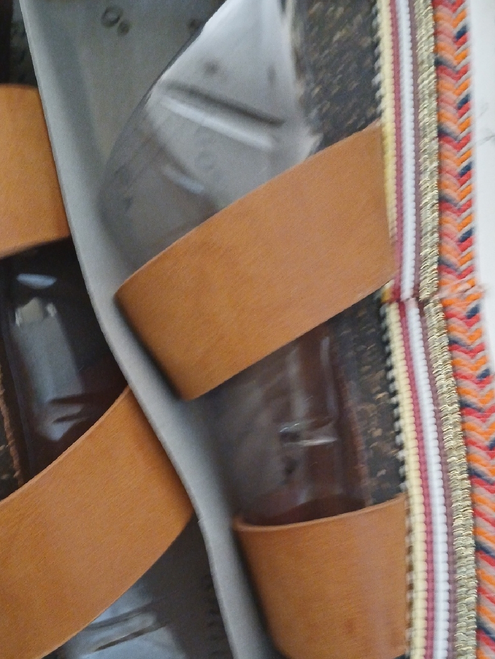 Brown Leather Slide Sandals with Multicolor Woven Accent